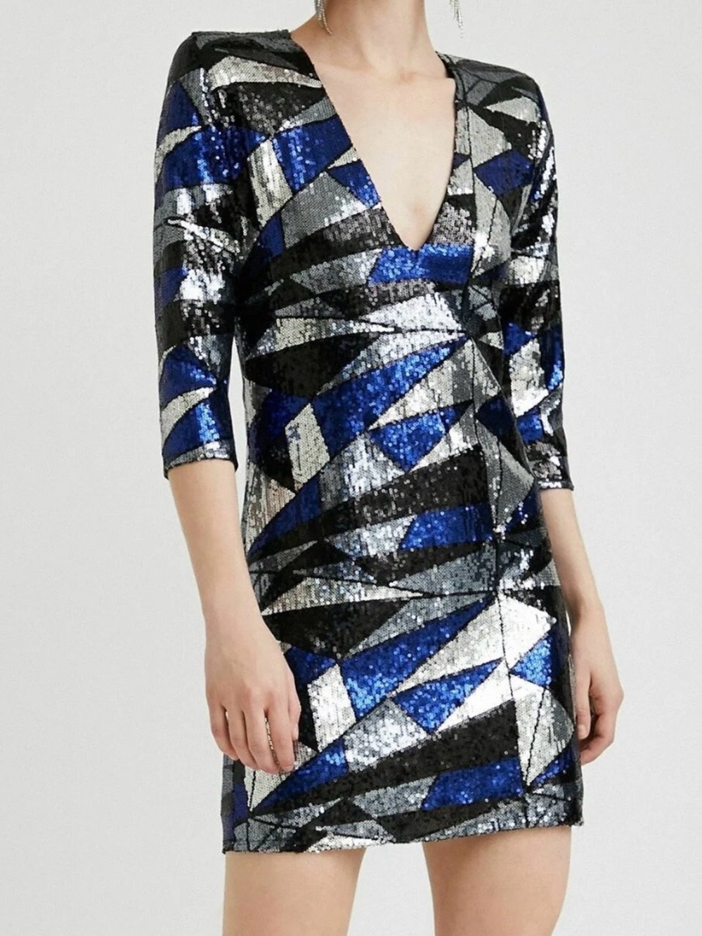 Desigual Black, Blue & Silver Geometric Sequin V-Neck Mini Dress